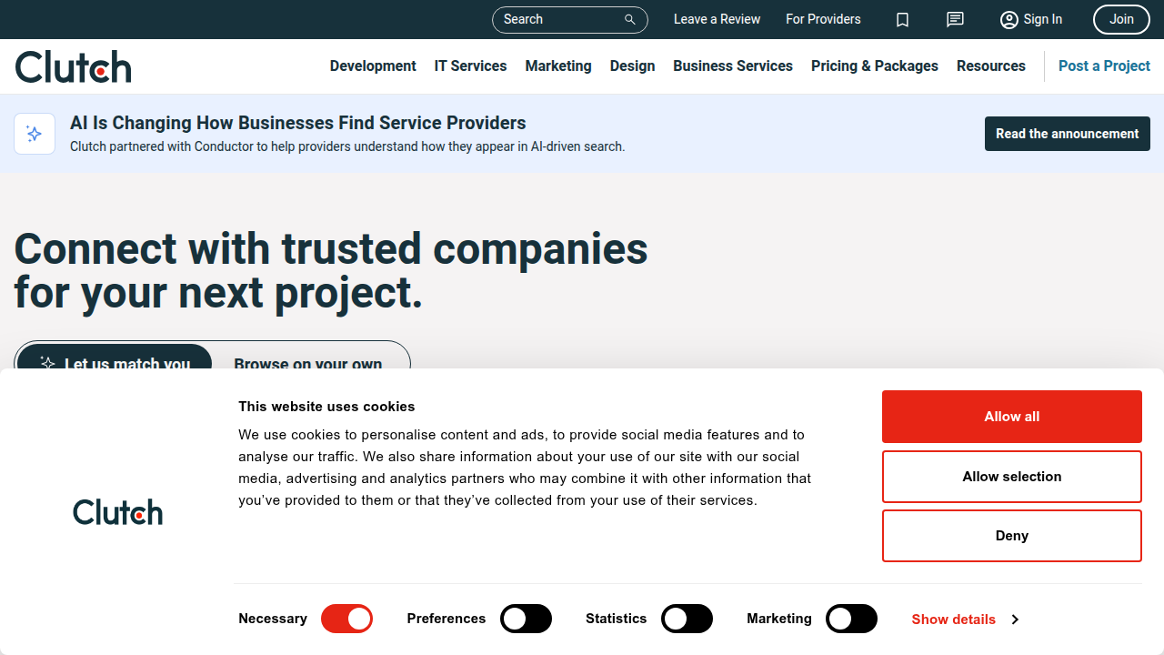 The homepage of Clutch.co, a B2B ratings and reviews platform, useful for finding top real estate firms.