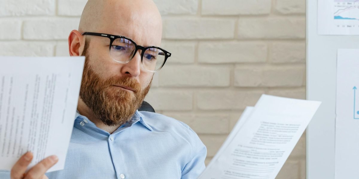 An individual carefully reviewing documents, symbolizing the thoughtful process of making a real estate investment decision.