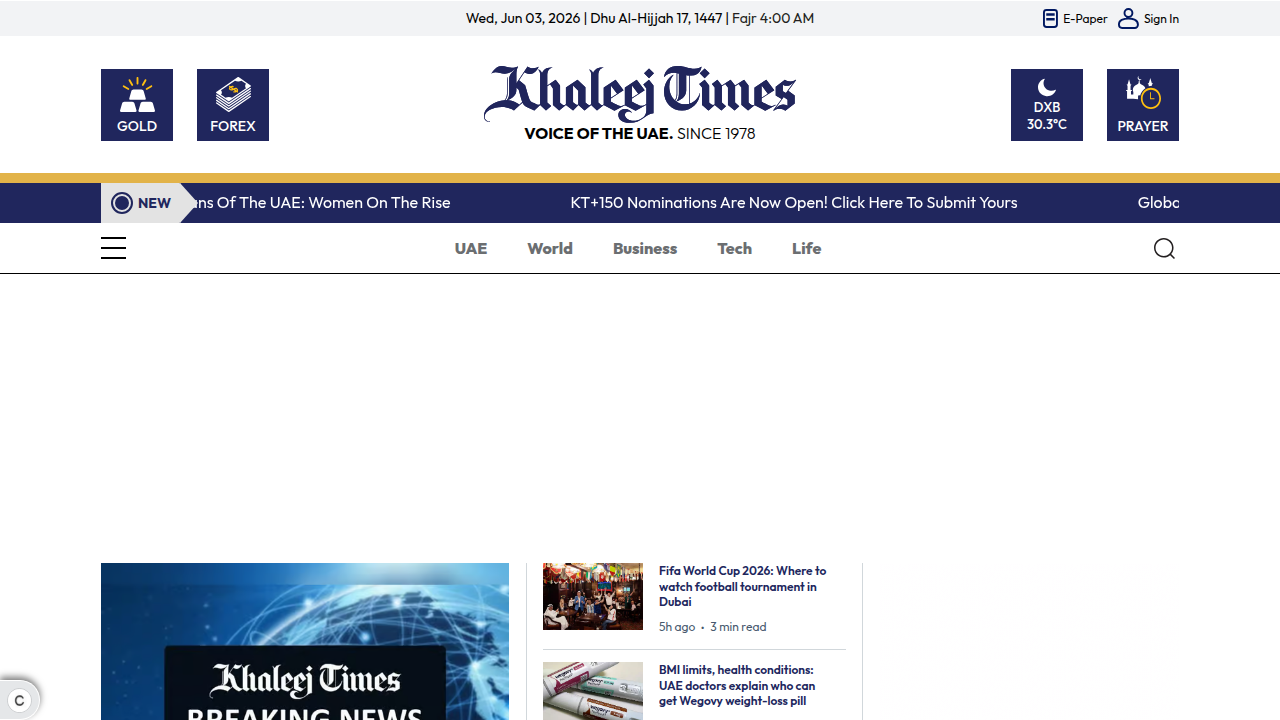 Screenshot of the Khaleej Times homepage, a prominent English-language newspaper in the United Arab Emirates.