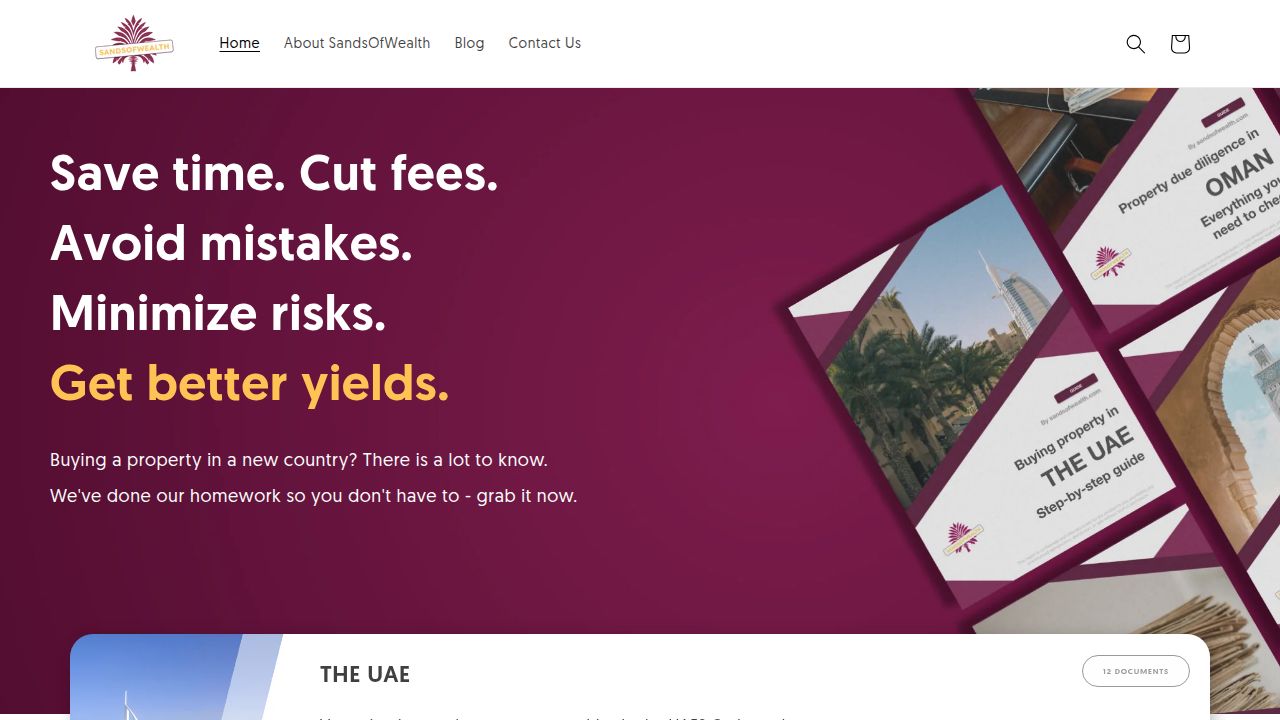 A screenshot of the Sands of Wealth website, a resource for property price forecasts and investment insights in Dubai.