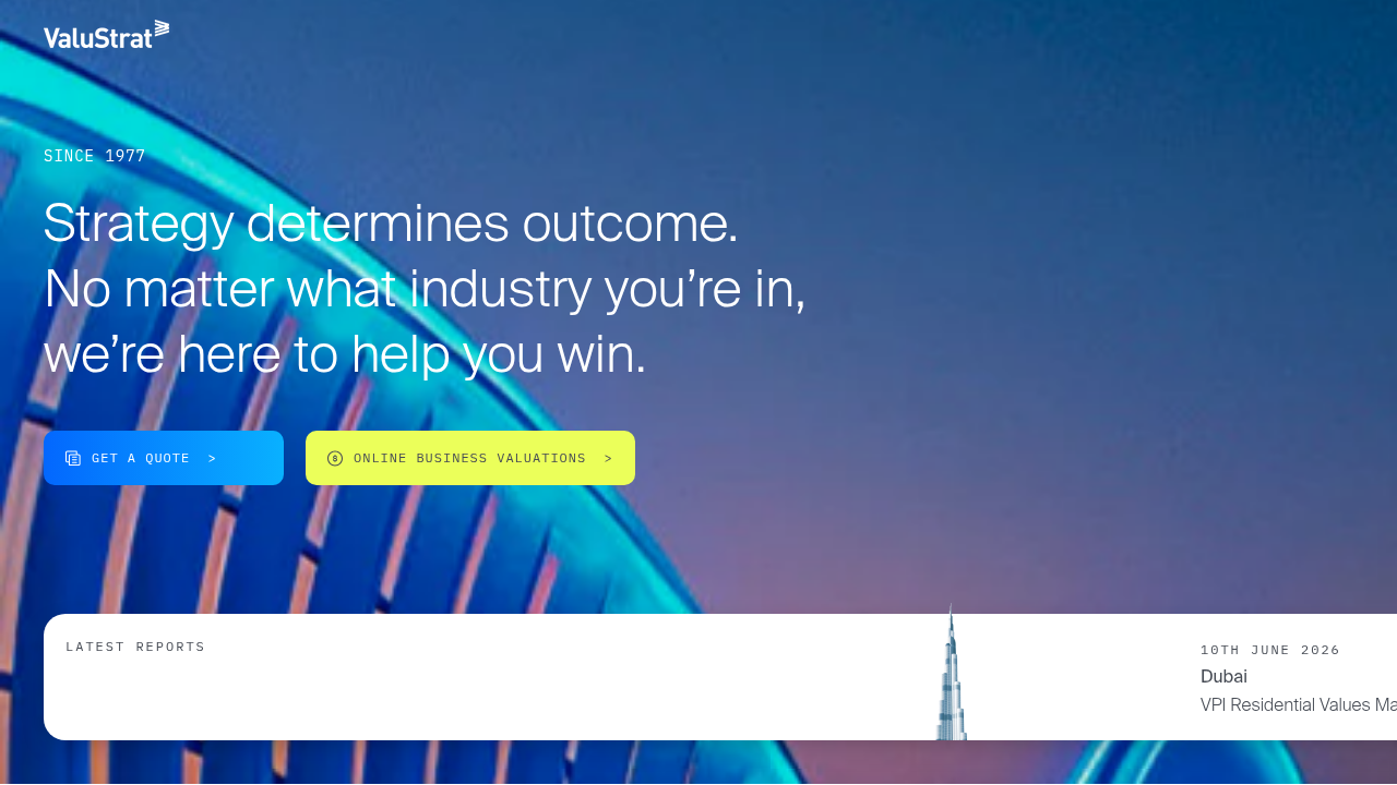 A screenshot of the ValuStrat website, a leading consultant for real estate valuation and advisory, providing market outlooks for Dubai.