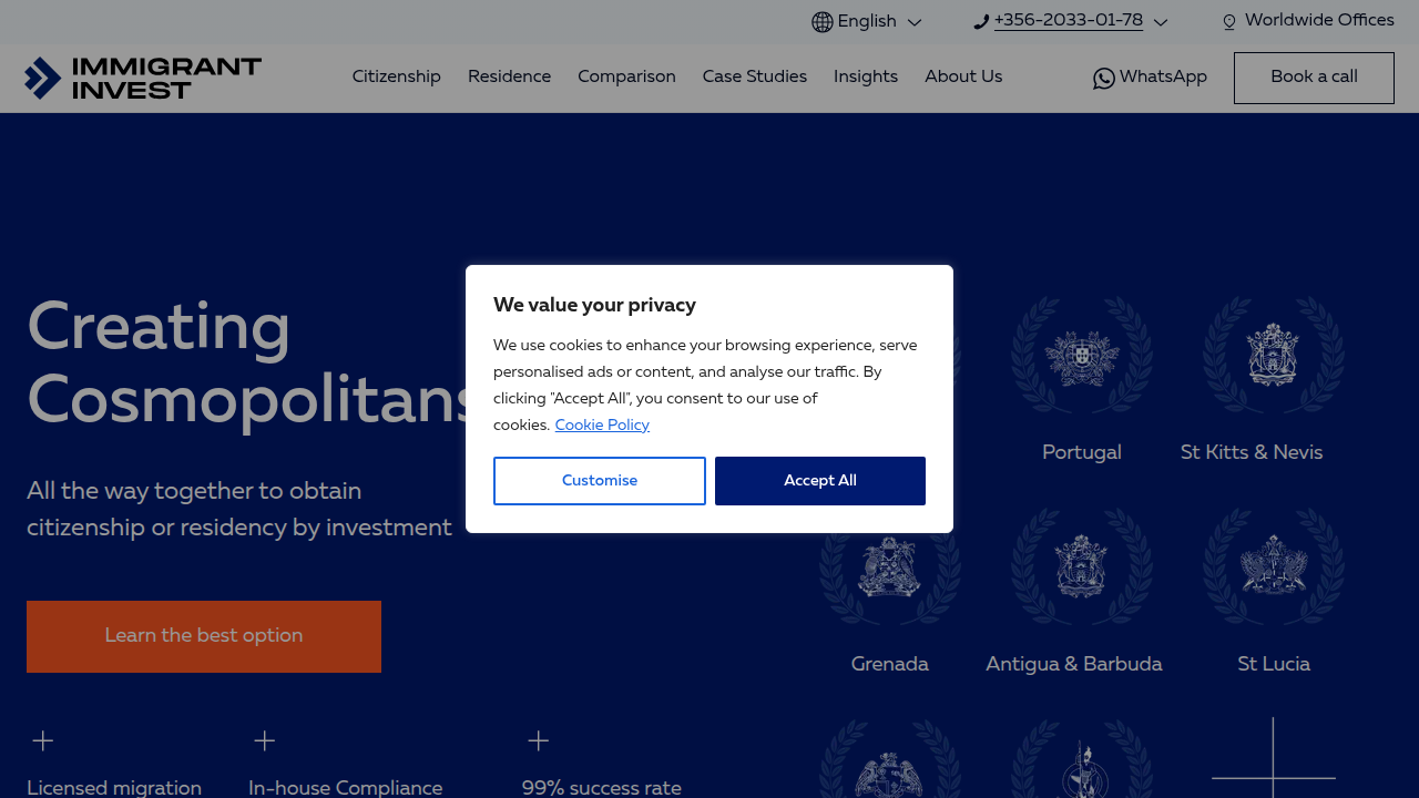 A screenshot of the Immigrant Invest website, a global resource for residency and citizenship by investment, including real estate.