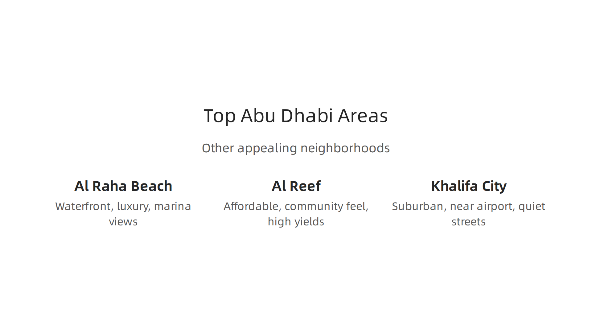 Comparison of other appealing neighborhoods for apartment purchases in Abu Dhabi.