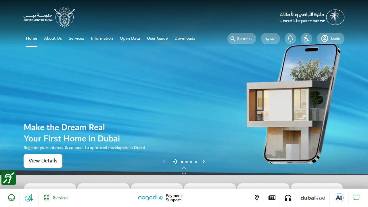 A screenshot of the Dubai Land Department (DLD) homepage, representing the central authority for property transactions and regulations in Dubai.
