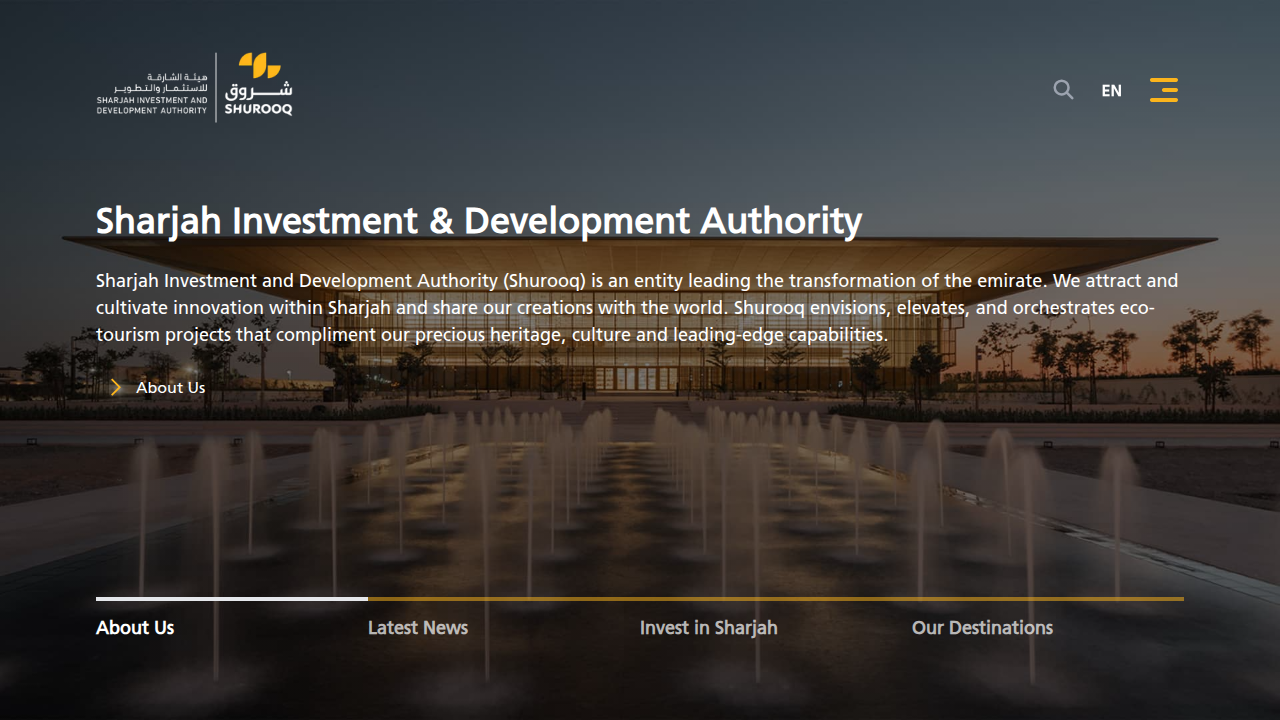 Screenshot of Shurooq's official website, showcasing government-backed investment and development projects in Sharjah.