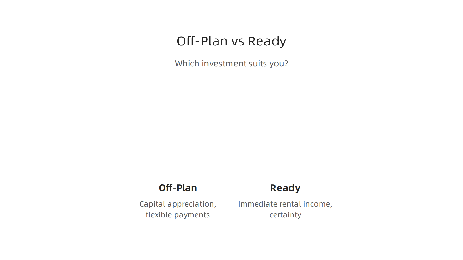 A direct comparison of off-plan and ready luxury apartment investments, outlining their key benefits and risks.