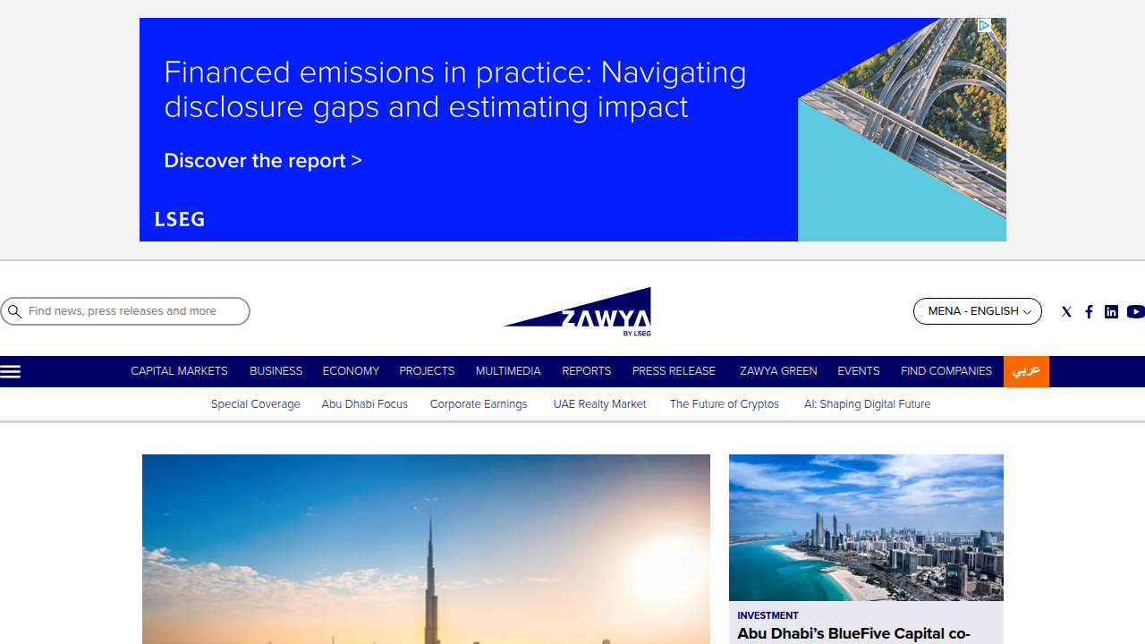 View of the Zawya.com homepage, a leading financial intelligence platform for the MENA region, providing key market updates.