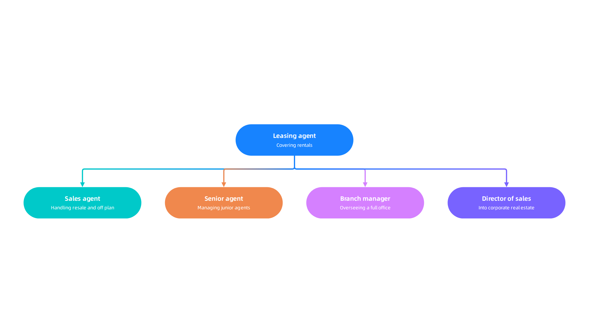 Illustrating the typical career progression path for real estate professionals in Dubai, from entry-level to leadership roles.