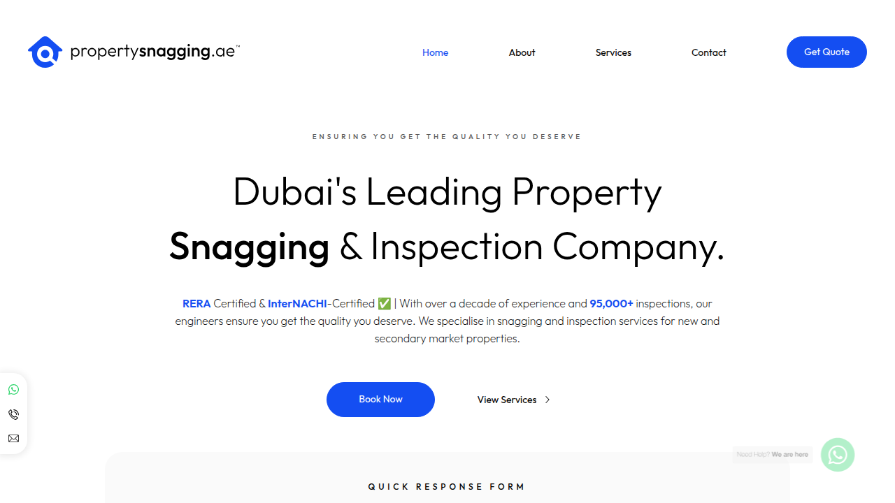 A screenshot of a professional property snagging and inspection service website in Dubai.