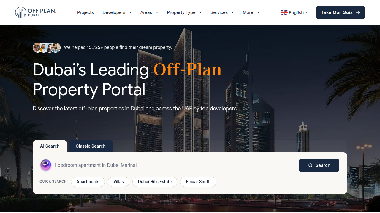 The homepage of Off-Plan Dubai, a resource for information on off-plan property investments in Dubai.