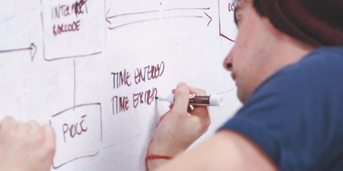 An individual meticulously planning their investment portfolio on a whiteboard or large display.