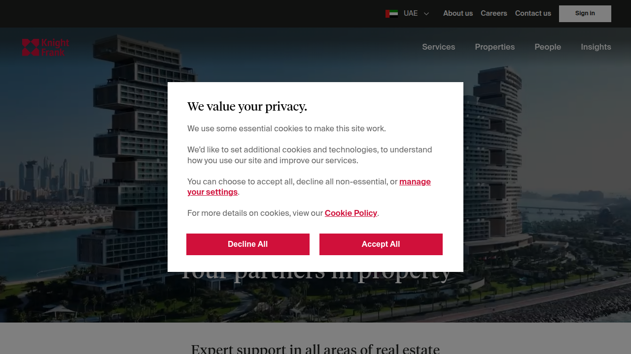 Knight Frank's UAE website, a leading global property consultancy offering market research and real estate services in Dubai.