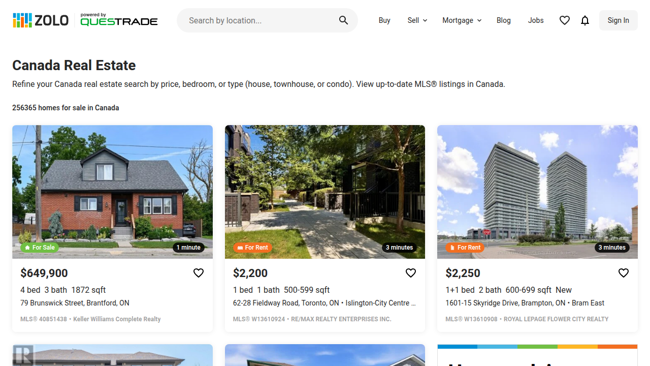 A screenshot of Zolo.ca, a major Canadian real estate platform, often referenced for market comparison in property discussions.
